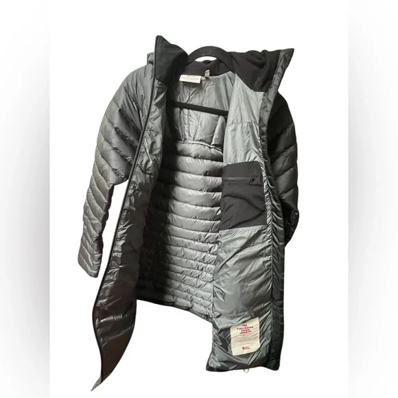 NWOT Sample Fjallraven Snow Flake Parka Goose Down Coat Long Hooded Black Gold - Picture 7 of 12